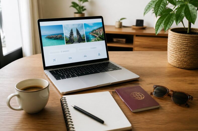 Laptop en reisaccessoires op een bureau voor het vergelijken van vakanties