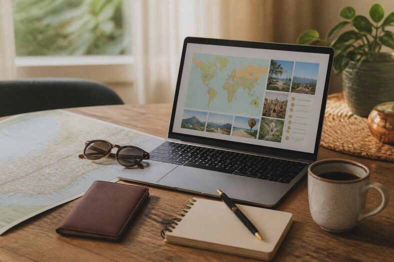Reisplanning op tafel met laptop, kaart en vakantiebenodigdheden