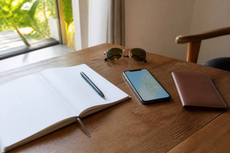 Notitieboek en reisbenodigdheden op tafel tijdens het plannen van een vakantie