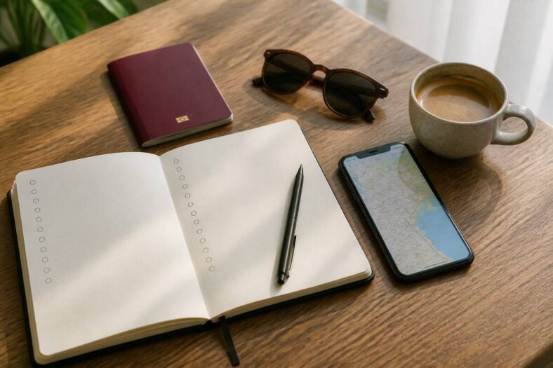 Vakantievoorbereiding met notitieboek, paspoort, zonnebril en smartphone op tafel