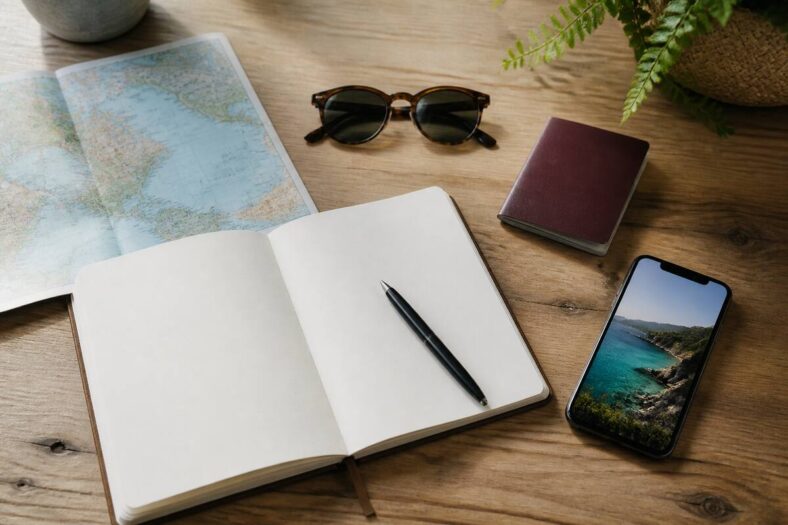 Reisplanning met notitieboekje, kaart en vakantiebenodigdheden op tafel