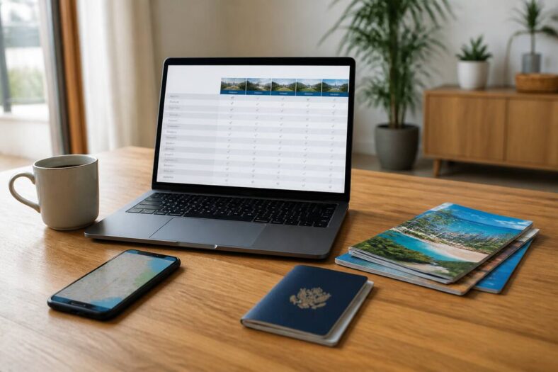 Reizen vergelijken op een laptop met reisdocumenten en reisbrochures op tafel