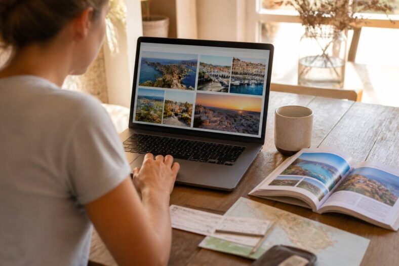 Vakanties vergelijken op een laptop met reisgids en voorbereidingen op tafel