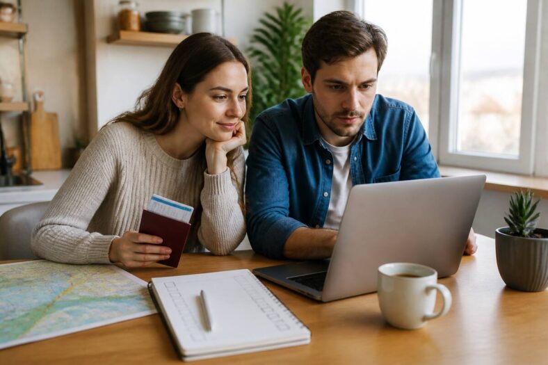 Reizigers vergelijken vakanties aan tafel met laptop en checklist