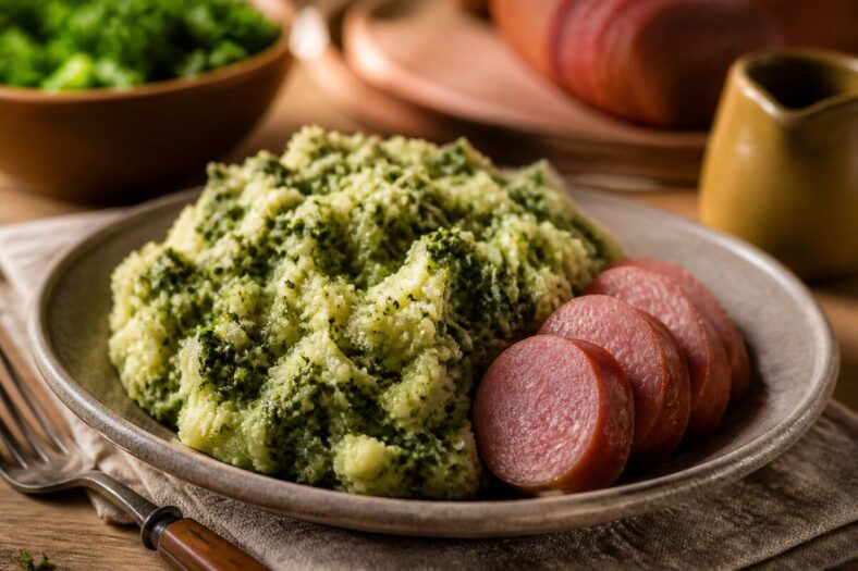 Bord met boerenkoolstamppot met rookworst en romige aardappelpuree