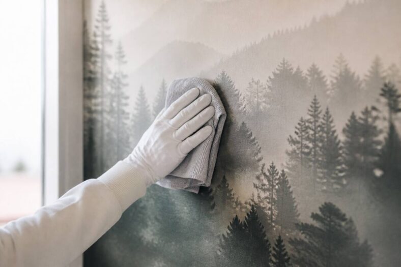 Iemand die fotobehang voorzichtig schoonmaakt met een zachte microvezeldoek