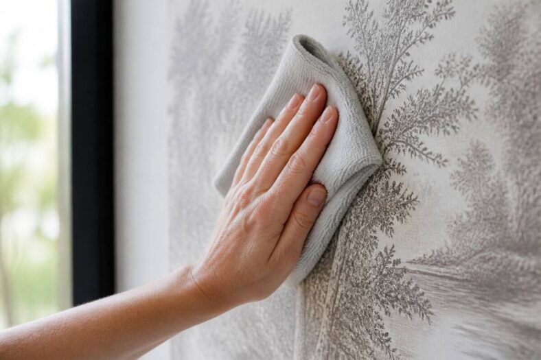 Hand die fotobehang voorzichtig afneemt met een zachte microvezeldoek