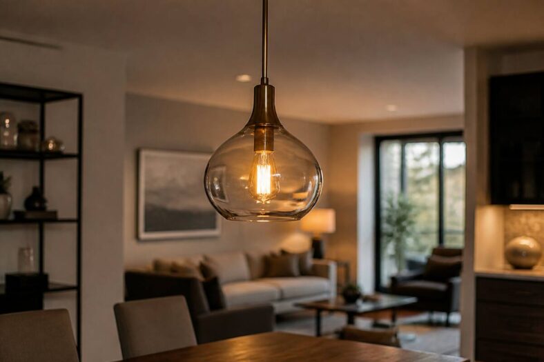 Glazen hanglamp in een moderne woonruimte met warm, sfeervol licht