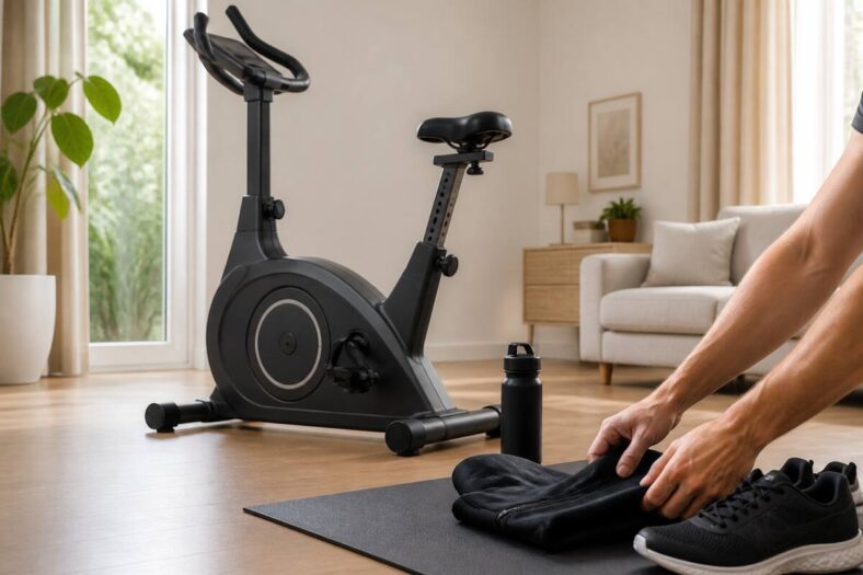 Hometrainer in een lichte woonkamer met verstelbaar zadel en stuur, klaar voor gebruik