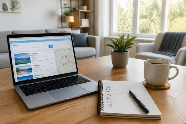 Checklist en laptop voor het vergelijken van vakanties, zonder tekst in beeld