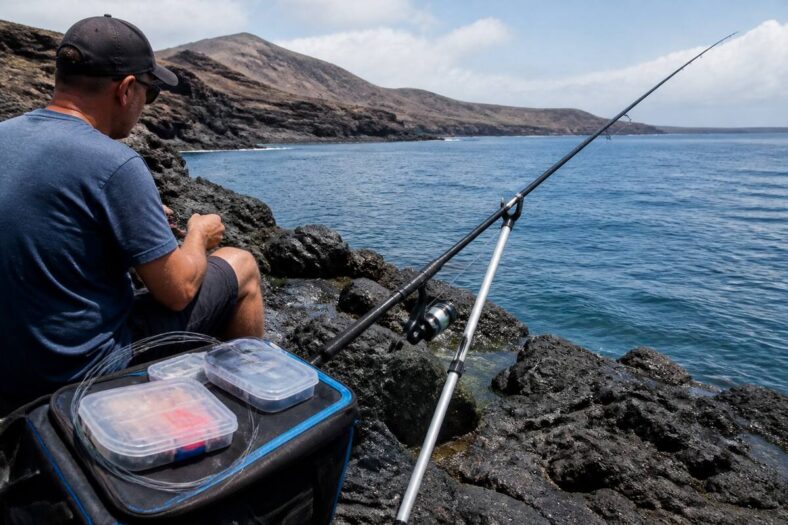 Voorbereiding voor vissen aan de kust op Lanzarote met hengel, onderlijnen en aasdoosjes