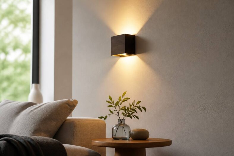 Moderne wandlamp met warm sfeervol licht tegen een muur in een woonruimte